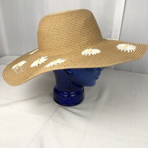 Paper Straw Sun Hat Wide Brim Tan Daisy Beach Festival One Size